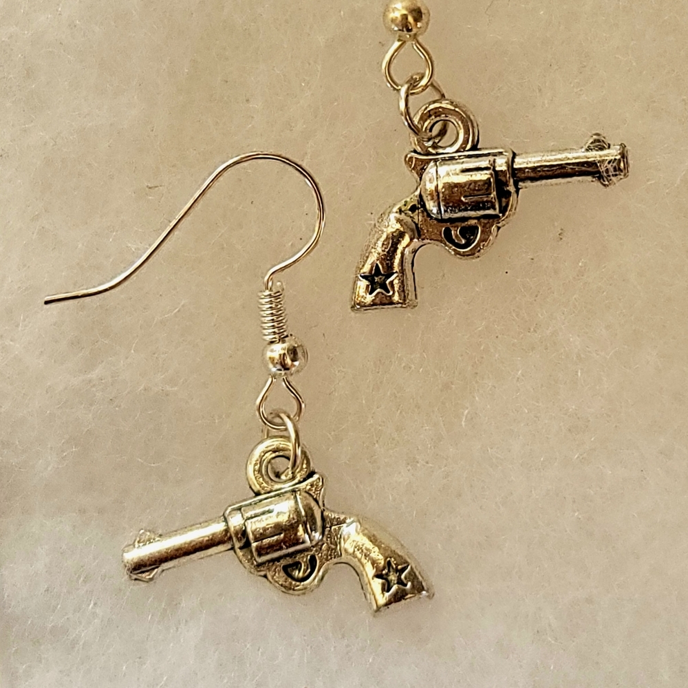 UNIQUE PISTOL REVOLVER SILVER CHARM EARRINGS FOR HER